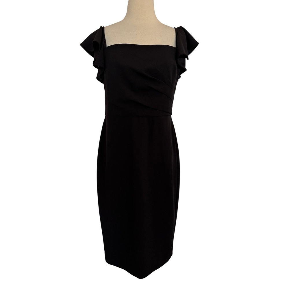 Calvin Klein Womens Black Ruffle Sleeve Square Neck Pleated Sheath Cocktail 6
